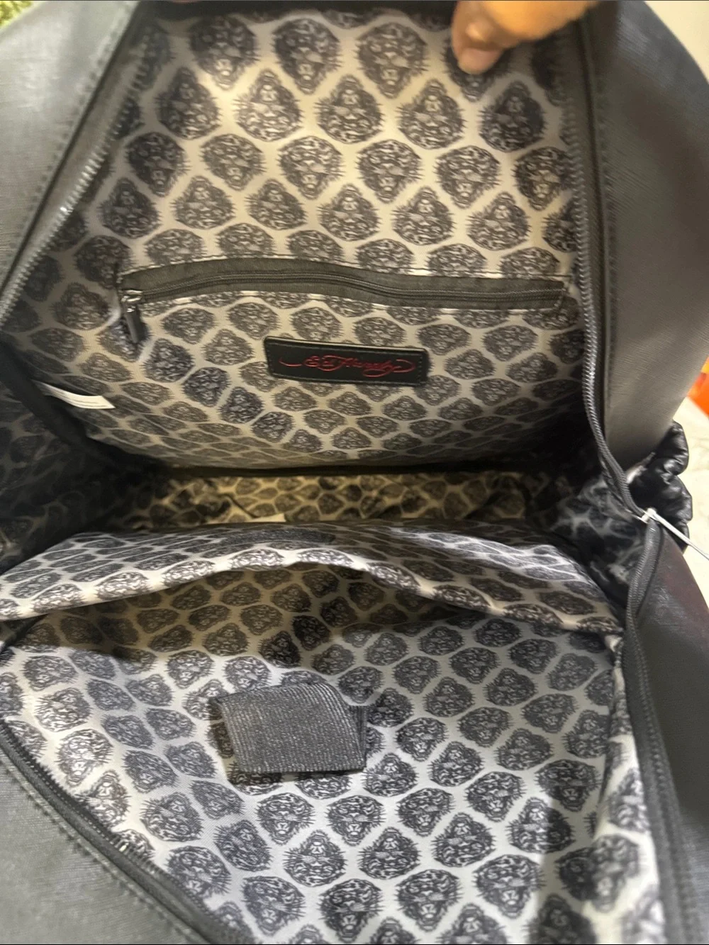 Ed Hardy Black Backpack with Red Heart and Skull Banner Graphic